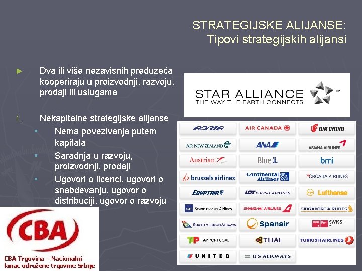 STRATEGIJSKE ALIJANSE: Tipovi strategijskih alijansi ► 1. Dva ili više nezavisnih preduzeća kooperiraju u