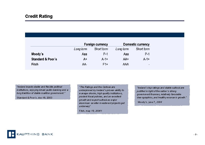 Credit Rating “Iceland boasts stable and flexible political institutions, enjoying broad public backing and