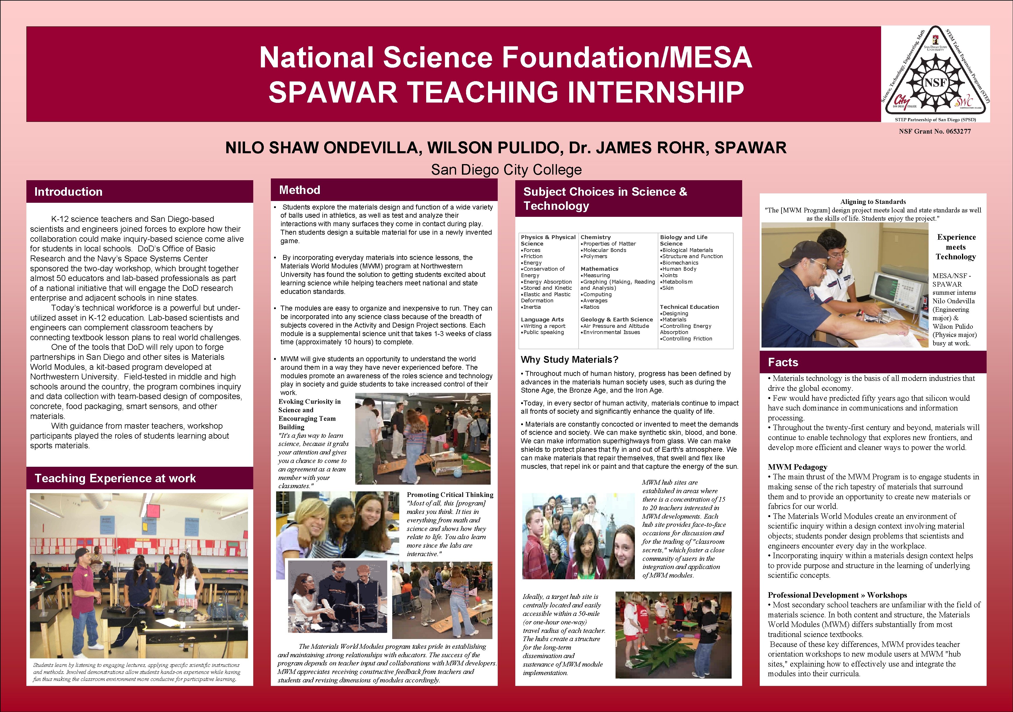 National Science Foundation/MESA SPAWAR TEACHING INTERNSHIP NSF Grant No. 0653277 NILO SHAW ONDEVILLA, WILSON