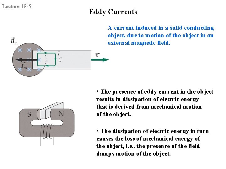 Lecture 18 -5 Eddy Currents A current induced in a solid conducting object, due