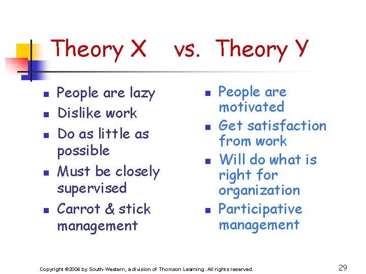Theory X n n n People are lazy Dislike work Do as little as