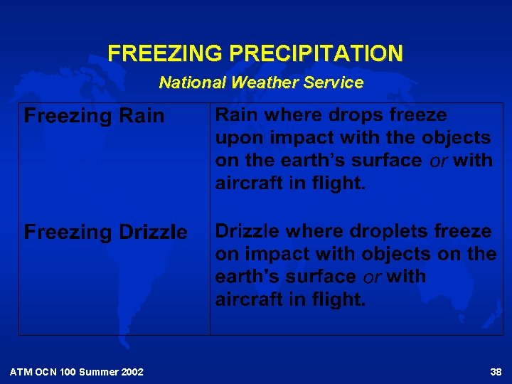 FREEZING PRECIPITATION National Weather Service ATM OCN 100 Summer 2002 38 