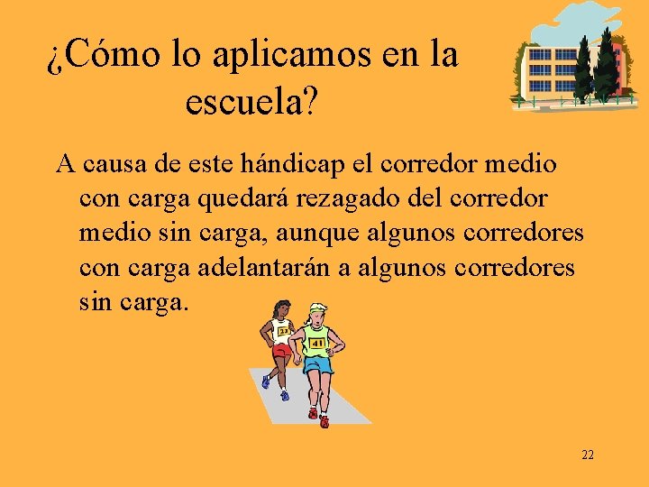 ¿Cómo lo aplicamos en la escuela? A causa de este hándicap el corredor medio