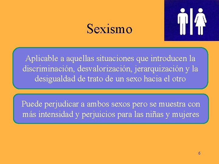 Sexismo Aplicable a aquellas situaciones que introducen la discriminación, desvalorización, jerarquización y la desigualdad