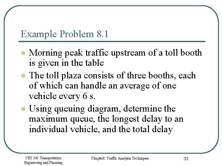 Example Problem 8. 1 l l l Morning peak traffic upstream of a toll