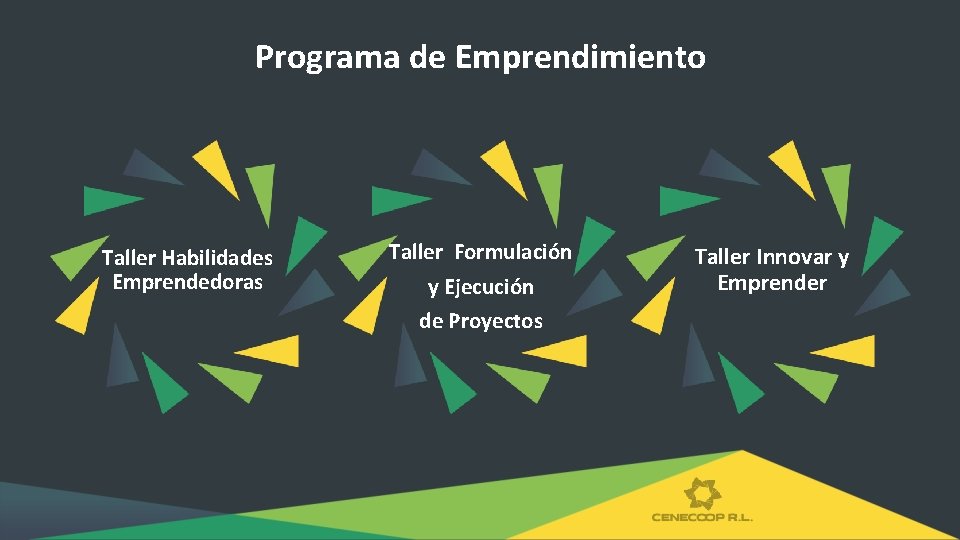 Programa de Emprendimiento Taller Habilidades Emprendedoras Taller Formulación y Ejecución de Proyectos Taller Innovar