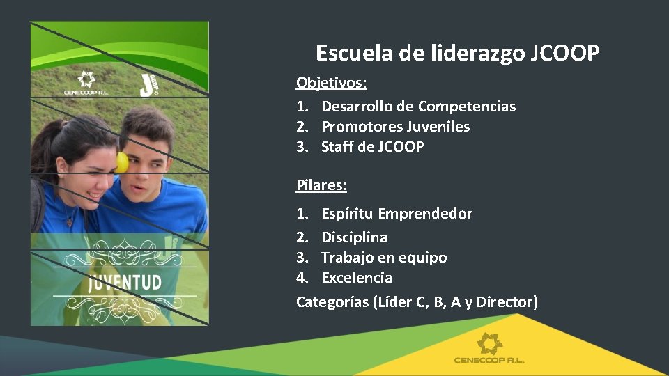 Escuela de liderazgo JCOOP Objetivos: 1. Desarrollo de Competencias 2. Promotores Juveniles 3. Staff