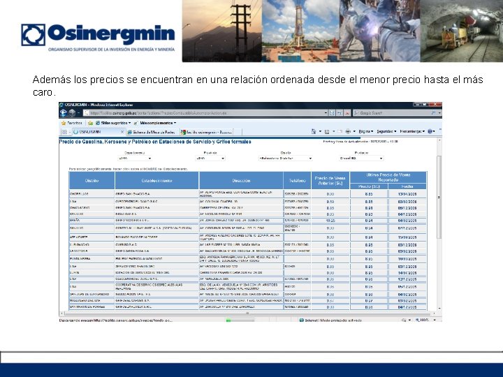 Además los precios se encuentran en una relación ordenada desde el menor precio hasta