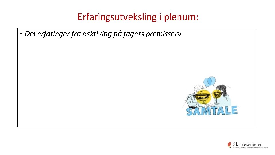 Erfaringsutveksling i plenum: • Del erfaringer fra «skriving på fagets premisser» 