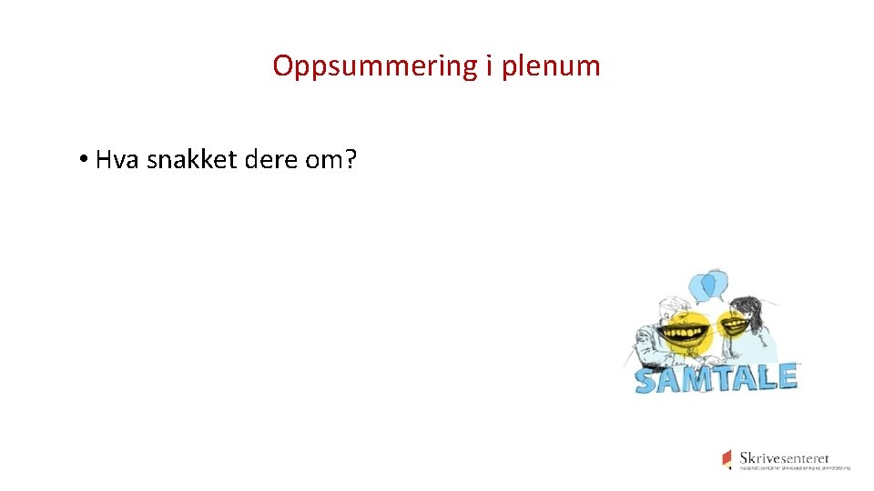 Oppsummering i plenum • Hva snakket dere om? 