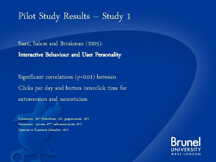 Pilot Study Results – Study 1 Saati, Salem and Brinkman (2005): Interactive Behaviour and