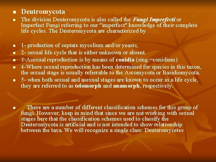 n n n n Deutromycota The division Deuteromycota is also called the Fungi Imperfecti