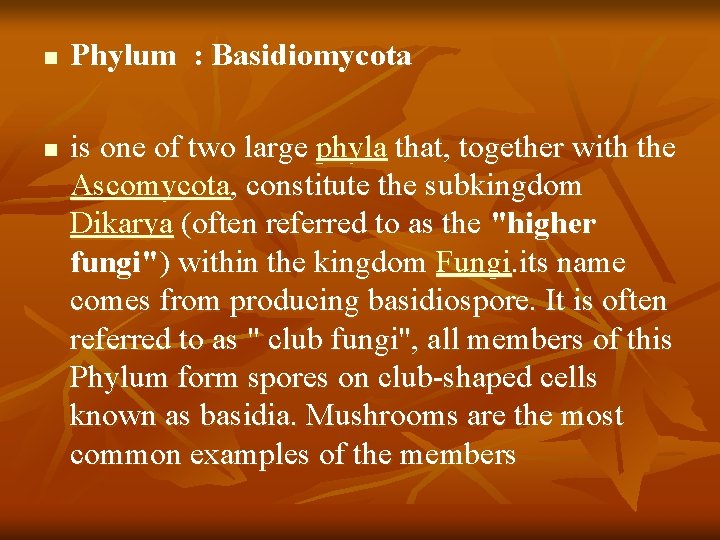 n n Phylum : Basidiomycota is one of two large phyla that, together with