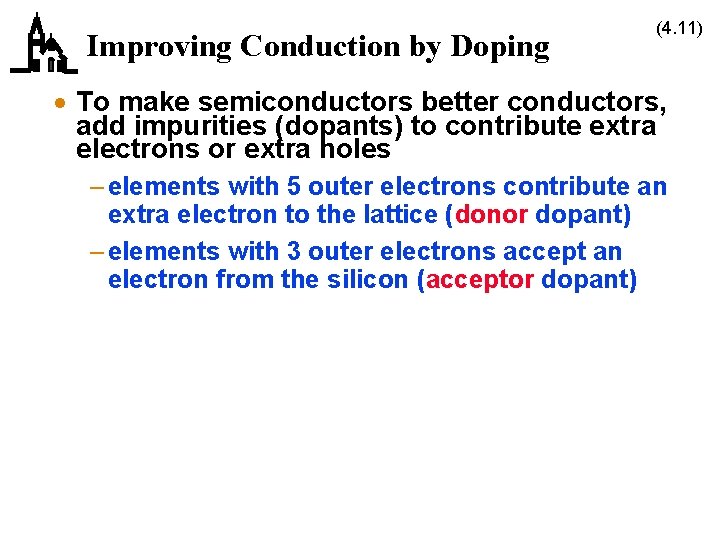 Improving Conduction by Doping (4. 11) · To make semiconductors better conductors, add impurities