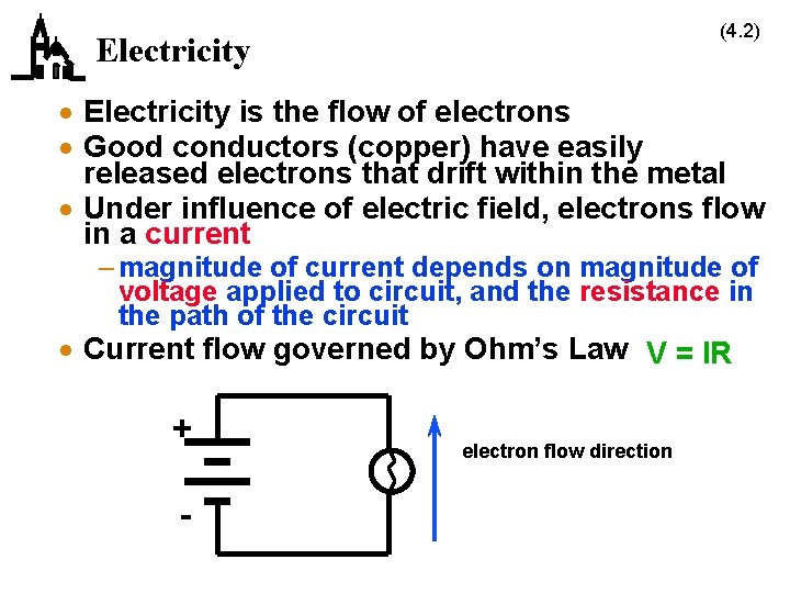 (4. 2) Electricity · Electricity is the flow of electrons · Good conductors (copper)