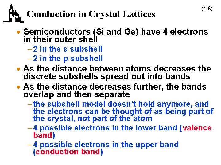 Conduction in Crystal Lattices (4. 6) · Semiconductors (Si and Ge) have 4 electrons