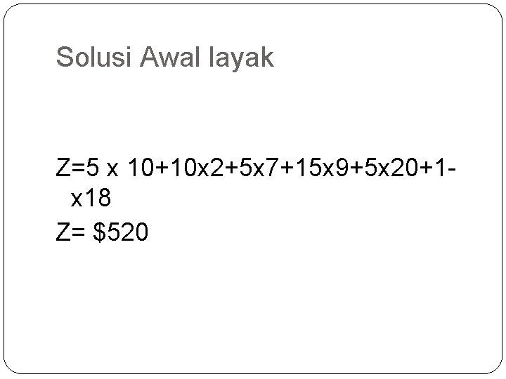 Solusi Awal layak Z=5 x 10+10 x 2+5 x 7+15 x 9+5 x 20+1