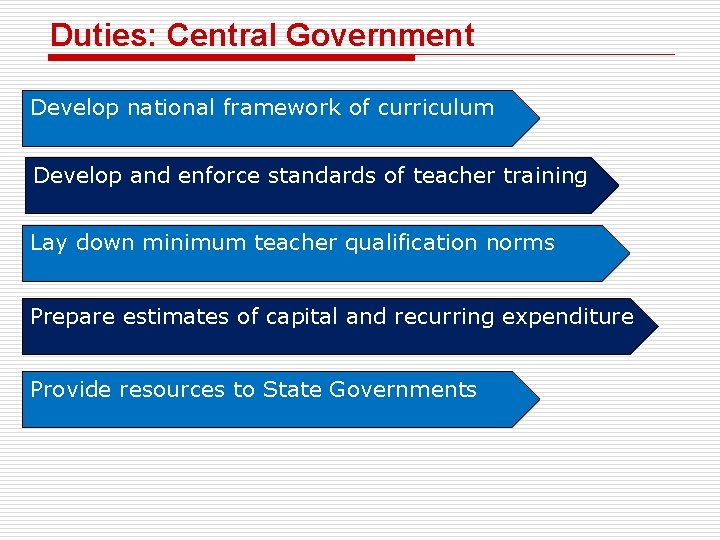 Duties: Central Government Develop national framework of curriculum Develop and enforce standards of teacher