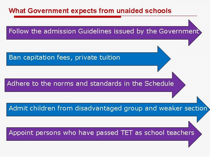 What Government expects from unaided schools Follow the admission Guidelines issued by the Government