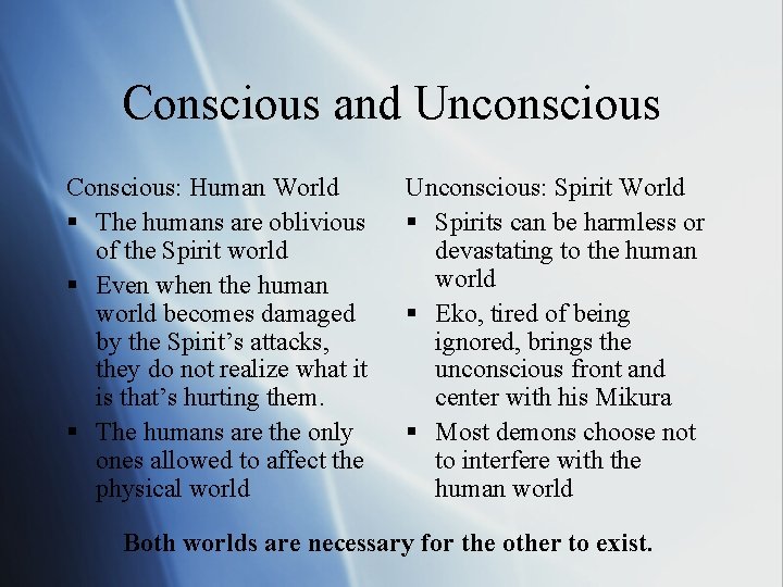 Conscious and Unconscious Conscious: Human World § The humans are oblivious of the Spirit Conscious and Unconscious Conscious: Human World § The humans are oblivious of the Spirit