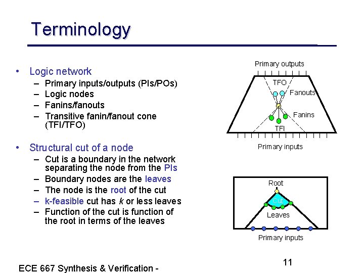 Terminology • Logic network – – Primary inputs/outputs (PIs/POs) Logic nodes Fanins/fanouts Transitive fanin/fanout