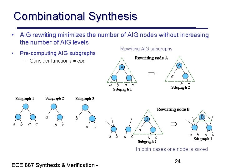 Combinational Synthesis • AIG rewriting minimizes the number of AIG nodes without increasing the