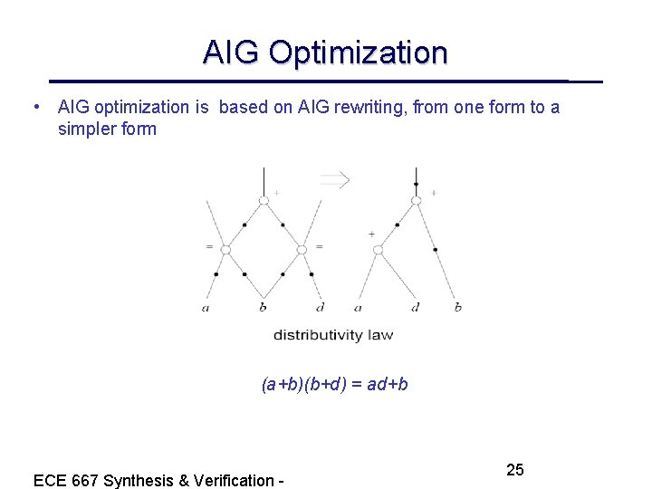 AIG Optimization • AIG optimization is based on AIG rewriting, from one form to