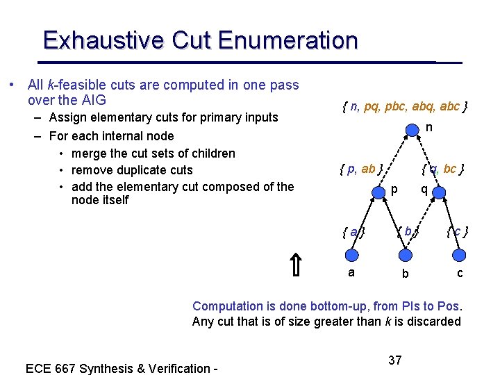 Exhaustive Cut Enumeration • All k-feasible cuts are computed in one pass over the