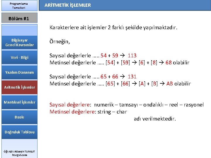 Programlama Temelleri ARİTMETİK İŞLEMLER Bölüm #1 Karakterlere ait işlemler 2 farklı şekilde yapılmaktadır. Bilgisayar