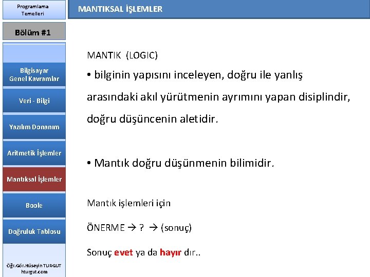 Programlama Temelleri MANTIKSAL İŞLEMLER Bölüm #1 MANTIK (LOGIC) Bilgisayar Genel Kavramlar Veri - Bilgi