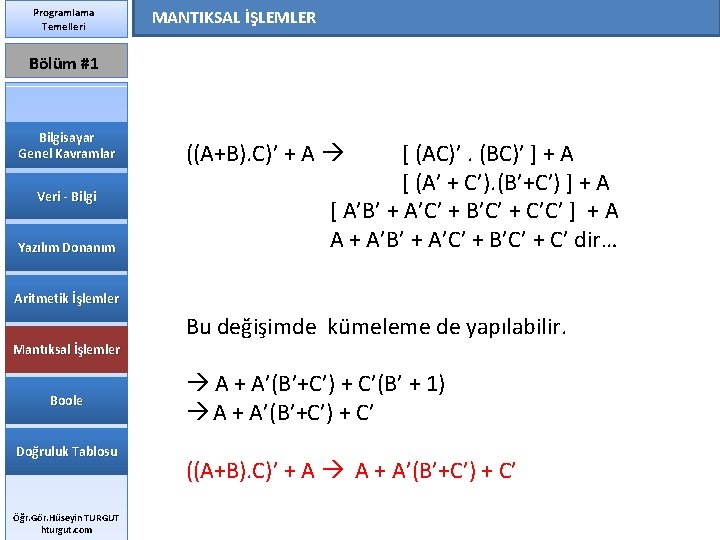 Programlama Temelleri MANTIKSAL İŞLEMLER Bölüm #1 Bilgisayar Genel Kavramlar Veri - Bilgi Yazılım Donanım