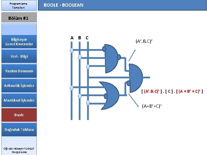 Programlama Temelleri BOOLE - BOOLEAN Bölüm #1 Bilgisayar Genel Kavramlar A B C (A’.