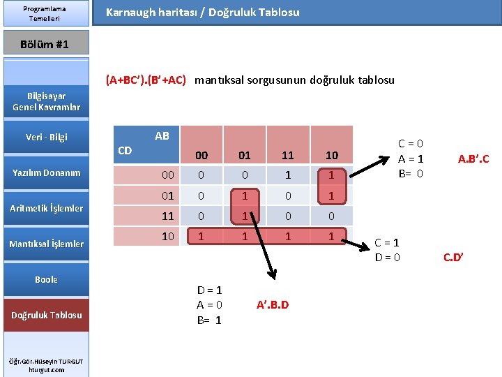 Programlama Temelleri Karnaugh haritası / Doğruluk Tablosu Bölüm #1 (A+BC’). (B’+AC) mantıksal sorgusunun doğruluk