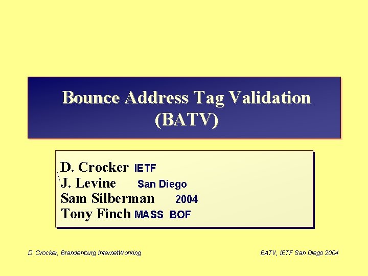 Bounce Address Tag Validation (BATV) D. Crocker IETF J. Levine San Diego Sam Silberman