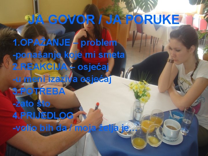 JA GOVOR / JA PORUKE 1. OPAŽANJE – problem -ponašanje koje mi smeta 2.