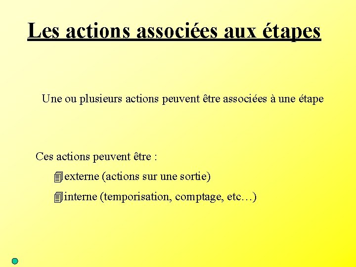 Les actions associées aux étapes Une ou plusieurs actions peuvent être associées à une