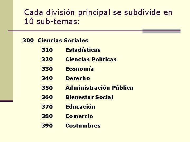 Cada división principal se subdivide en 10 sub-temas: 300 Ciencias Sociales 310 Estadísticas 320