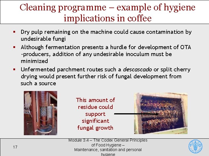 Cleaning programme – example of hygiene implications in coffee § Dry pulp remaining on Cleaning programme – example of hygiene implications in coffee § Dry pulp remaining on