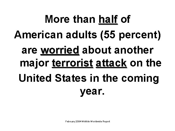 More than half of American adults (55 percent) are worried about another major terrorist