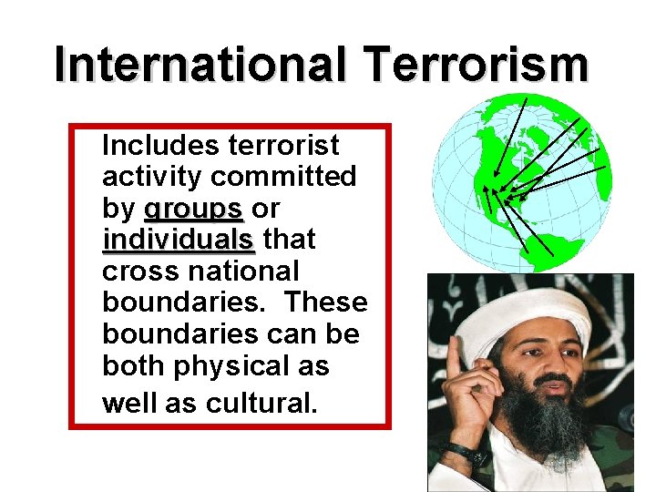 International Terrorism Includes terrorist activity committed by groups or individuals that cross national boundaries.