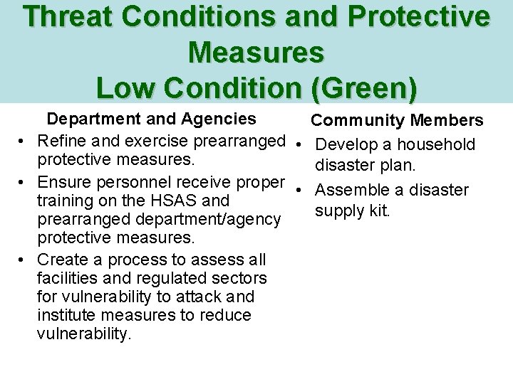 Threat Conditions and Protective Measures Low Condition (Green) Department and Agencies Community Members •