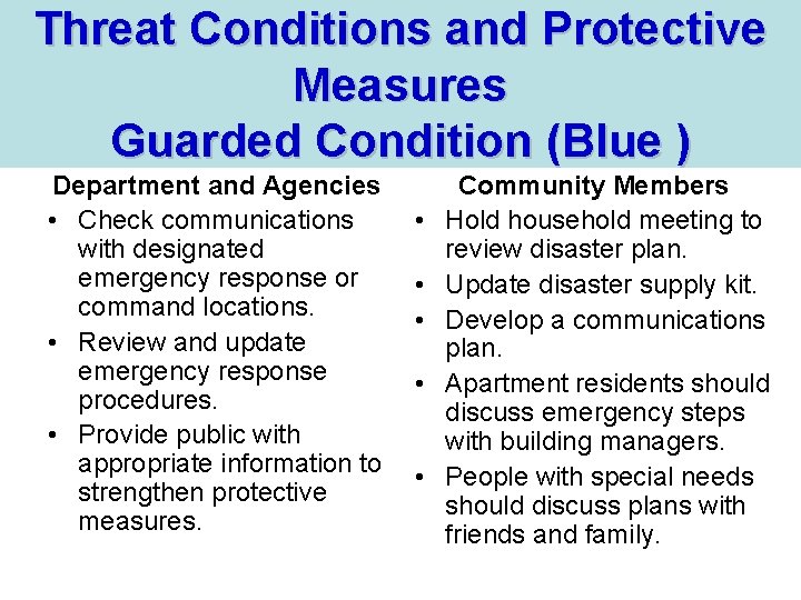 Threat Conditions and Protective Measures Guarded Condition (Blue ) Department and Agencies • Check