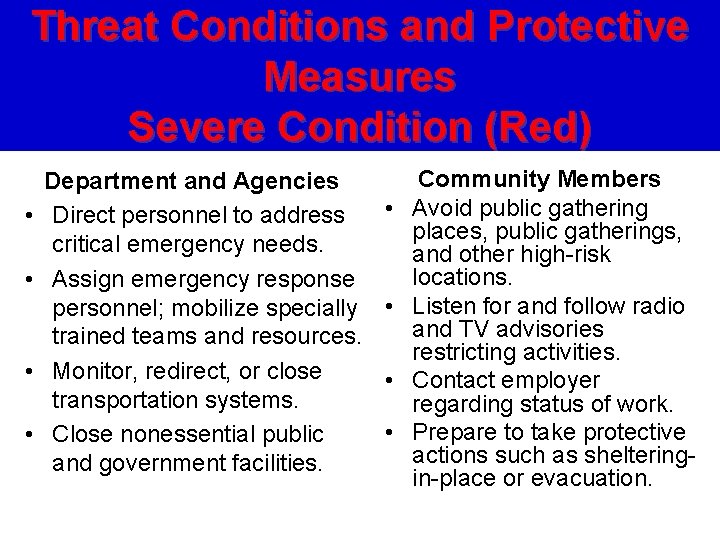 Threat Conditions and Protective Measures Severe Condition (Red) • • Department and Agencies Direct