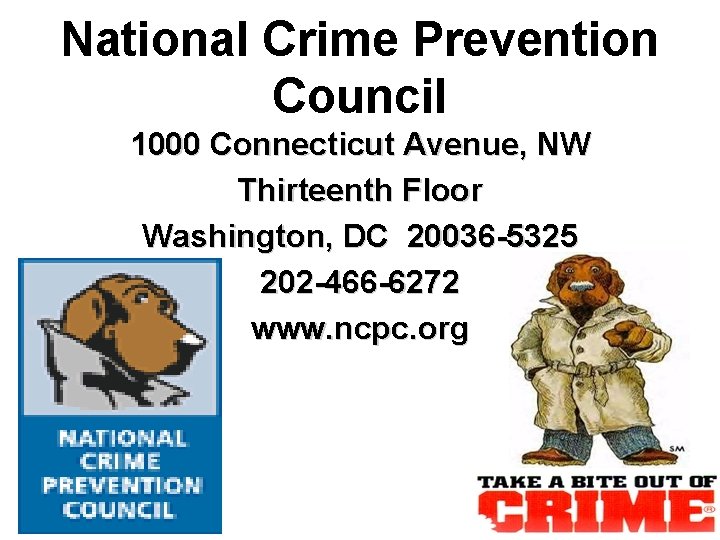 National Crime Prevention Council 1000 Connecticut Avenue, NW Thirteenth Floor Washington, DC 20036 -5325