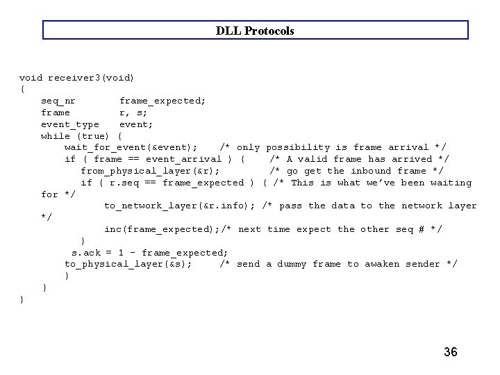 DLL Protocols void receiver 3(void) { seq_nr frame_expected; frame r, s; event_type event; while DLL Protocols void receiver 3(void) { seq_nr frame_expected; frame r, s; event_type event; while