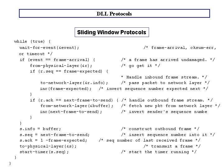 DLL Protocols Sliding Window Protocols while (true) { wait-for-event(&event); or timeout */ if (event DLL Protocols Sliding Window Protocols while (true) { wait-for-event(&event); or timeout */ if (event