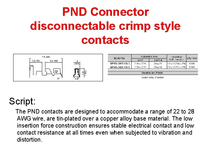PND Connector disconnectable crimp style contacts Script: The PND contacts are designed to accommodate