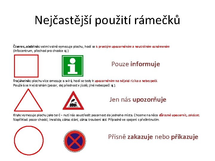 Nejčastější použití rámečků Čtverec, obdélník: velmi volně vymezuje plochu, hodí se k prostým upozorněním