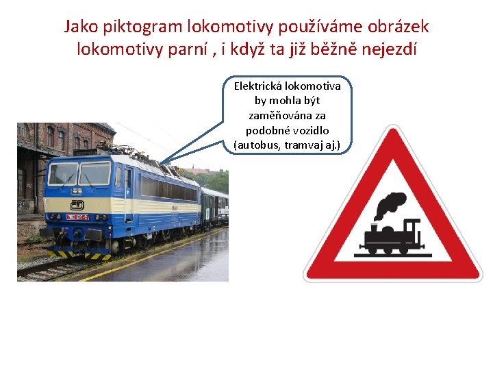 Jako piktogram lokomotivy používáme obrázek lokomotivy parní , i když ta již běžně nejezdí