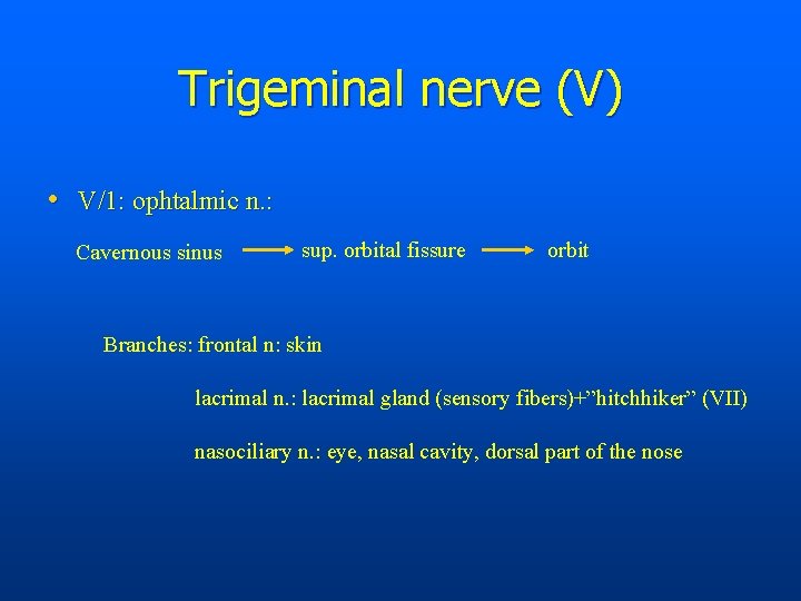 Trigeminal nerve (V) • V/1: ophtalmic n. : Cavernous sinus sup. orbital fissure orbit